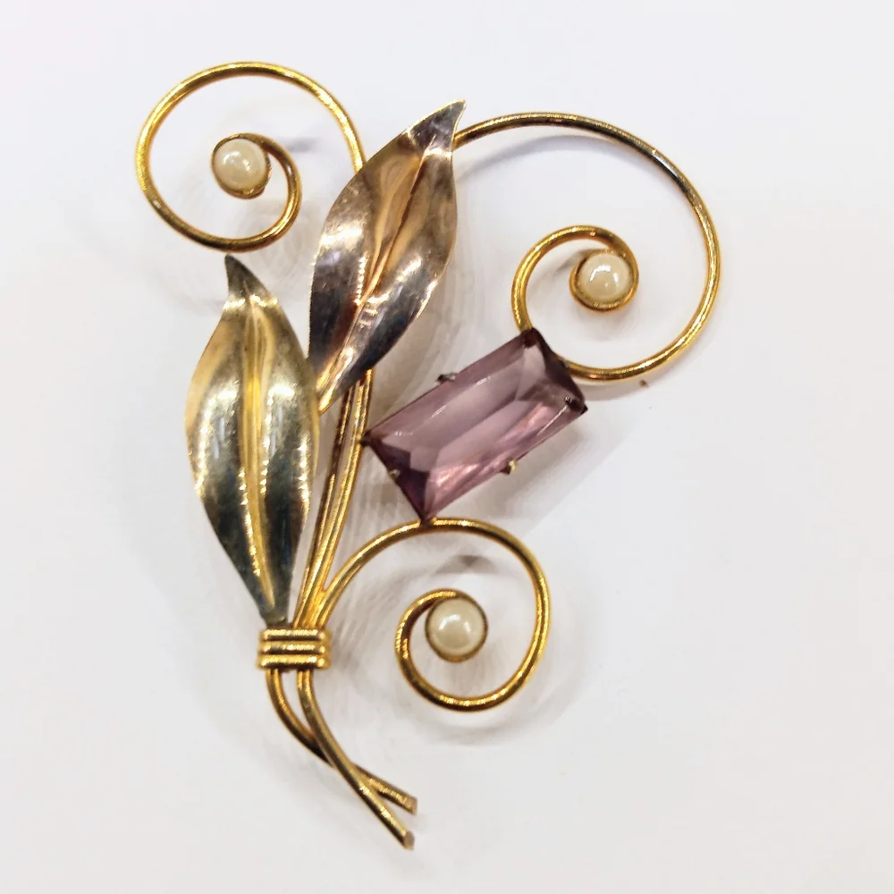 Vintage Gold Over Sterling Purple Stone Brooch And Earrings - Picture 2 of 5